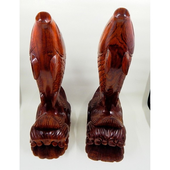 Wooden Fish Koi Carp Jumping Out of Water Bookends Sculpture Figurine 11" Pair - Picture 2 of 10
